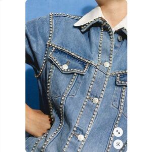 Forever 21 Rhinestone Trim Denim Jacket Womens S Blue Oversized Trucker 90s Rock